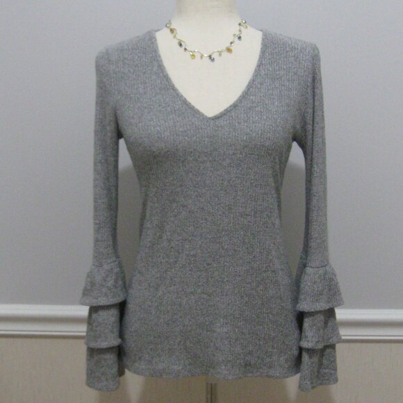 WHBM Ruffled Cuff Long Sleeve Stretch Knit Top sz XS Gray - Picture 1 of 10